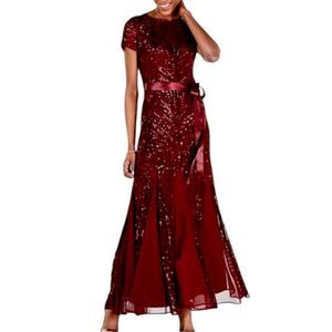 R & M Richards New Gown Beaded Sequins Godet Pleats Merlot Red Women’s Size 18